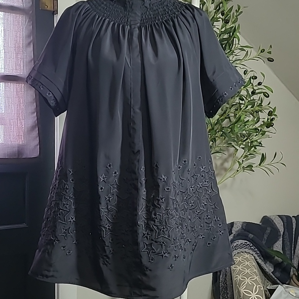 Rungolee Silk Short Sleeve Brooklyn Blouse With Lace Embroidered Stars Medium
